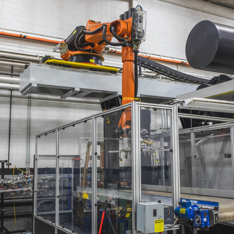 The 3300 Ton Van Dorn in our Sterling Heights, Michigan facility features a 7-axis Kuka articulated robot.